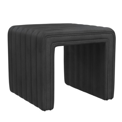 Black Faux Leather Channel Tufted Footstool Ottoman