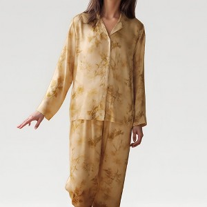 Anna-Kaci Lounge Women's Satin Pajama Set with Golden Botanical Print Long Sleeve Button Up Top and Relaxed Fit Pants - 1 of 4