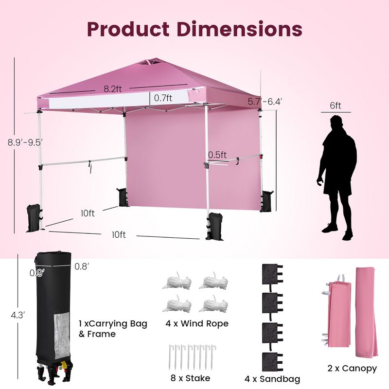Costway 10'x10'Commercial Pop-up Canopy Tent Sidewall Folding Market Patio White/Pink, 4 of 11