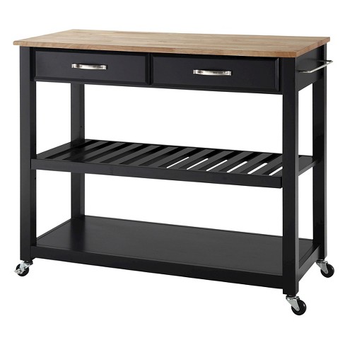 Crosley Furniture Butcher Block Top Kitchen Island with 24 inch School House Stools, Black