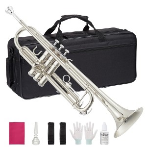Bb Trumpet for Beginners, B-Flat Gold Nickel Plated Brass Trumpet with Hard Case, Gloves & Cleaning Kit, 3 Valve Student for Gift - 1 of 4