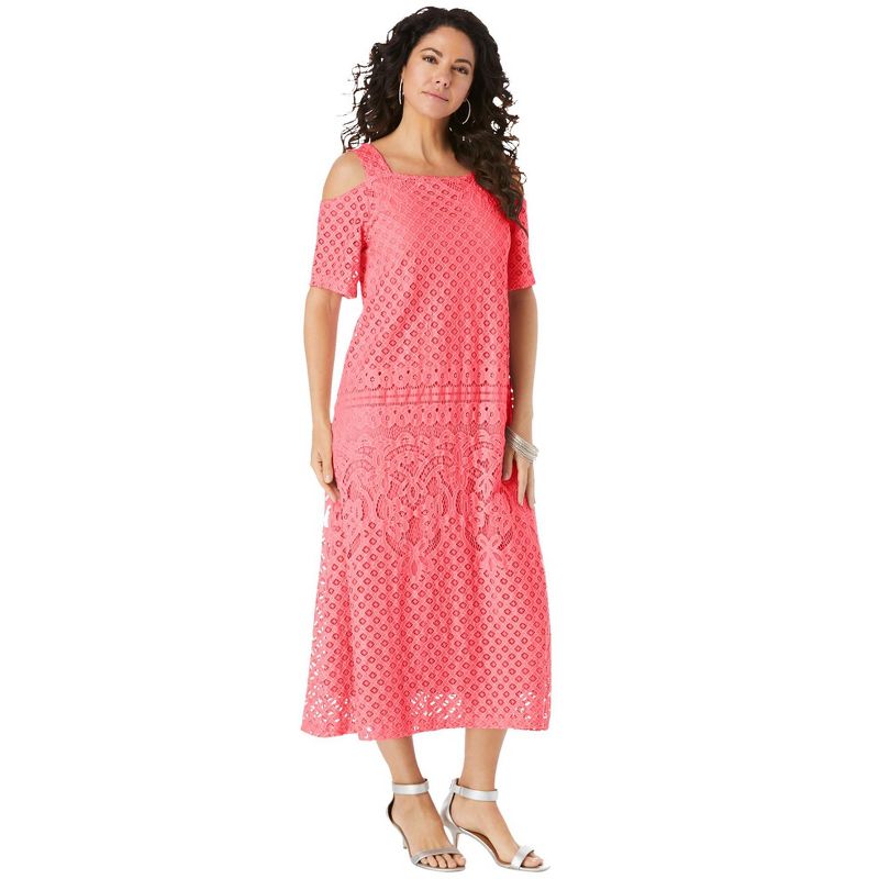Roaman's Women's Plus Size Cold-Shoulder Lace Dress, 1 of 2