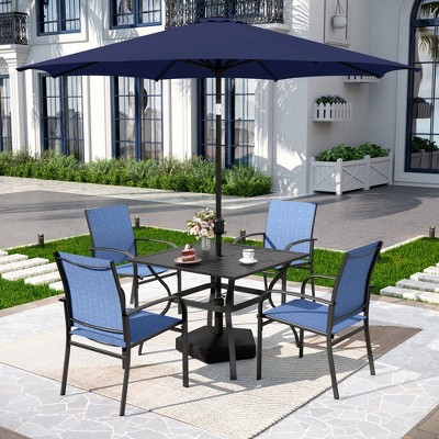 Captiva Designs 6pc Patio Dining Set with Steel Table & Blue Sling Chairs & Blue Umbrella