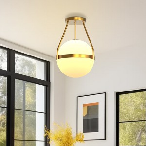 YANSUN 1-Light Gold Mid Century Modern Globe Semi Flush Mount Ceiling Light with White Frosted Glass Shade for Living Room Dinning Room - 1 of 4