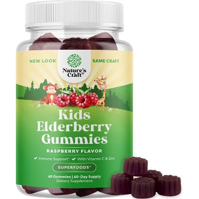 Kids Elderberry Gummies with Zinc & Vitamin C, Daily Immune Support Gummies for Children, Raspberry Flavor, Nature's Craft, 60ct