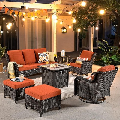 XIZZI Wicker Patio Furniture Set with 3-Seat Sofa, Swivel Rocking Armchairs & Ottomans & Side Table, Modular Sectional Outdoor Conversation Sofa Set