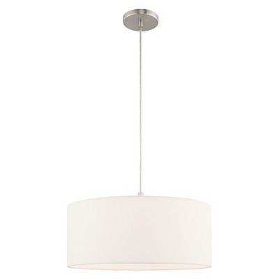 Brushed Nickel Drum Pendant with Off-White Fabric Shade