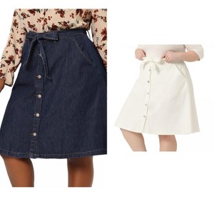 Agnes Orinda Women's Plus Size Tie Waist Button Front Pockets A-Line Midi Denim Skirts - 1 of 4