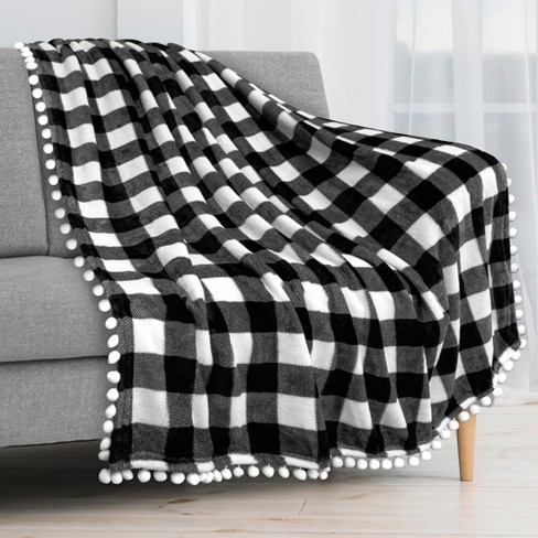 PAVILIA Fleece Pom Pom Blanket Throw for Sofa Bed Soft Lightweight Pompom Fringe Blanket for Couch Checkered White Throw 50x60