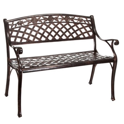 Patio Bench, Cast Aluminum Outdoor Bench With Meshed Pattern, Backrest, Antique Copper Finish Garden Bench For Backyard Deck Any Outdoor Furniture