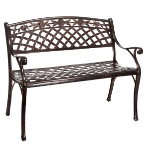 Patio Bench, Cast Aluminum Outdoor Bench With Meshed Pattern, Backrest, Antique Copper Finish Garden Bench For Backyard Deck Any Outdoor Furniture - 1 of 4