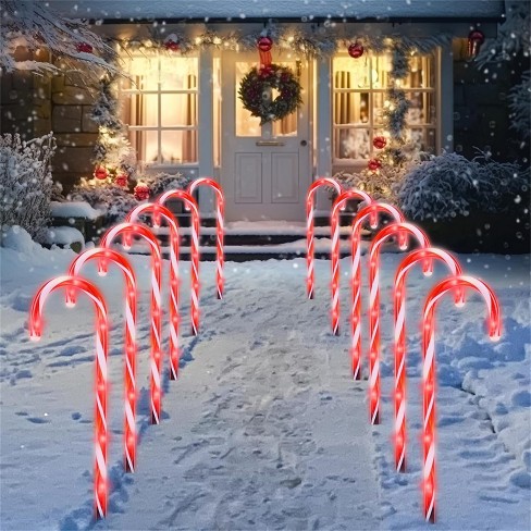 Joyfy 17 12 Pcs Christmas Pathway Lights Christmas Candy Cane Lights With 72 Red Led For Xmas Outdoor Yard Walkway Lawn Garden Decoration Target