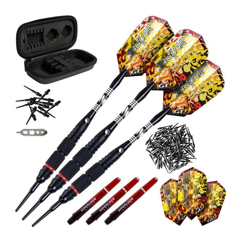 Viper Jaguar 80% Tungsten Soft Tip Darts 2 Knurled Rings 18 Grams, Black and Red Accessory Set with Case, 1 of 6