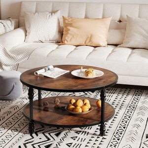 Coffee Table Round Rustic Center Table with Storage Shelf Wood Circle Coffee Table with Sturdy Metal Legs Living Room - 1 of 4