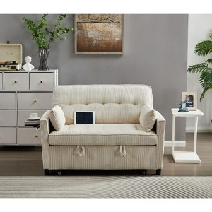 3 in 1 Corduroy Sofa Bed Adjustable Backrest USB Port Pull Out Couch Loveseat Convertible Sleeper Couch with Storage Pockets and Pillows - 1 of 4