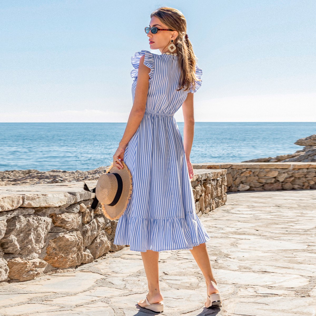 Женские платья Cupshe Women's Blue Striped Ruffle Sleeve Midi Dress-M-Blue — фото 3