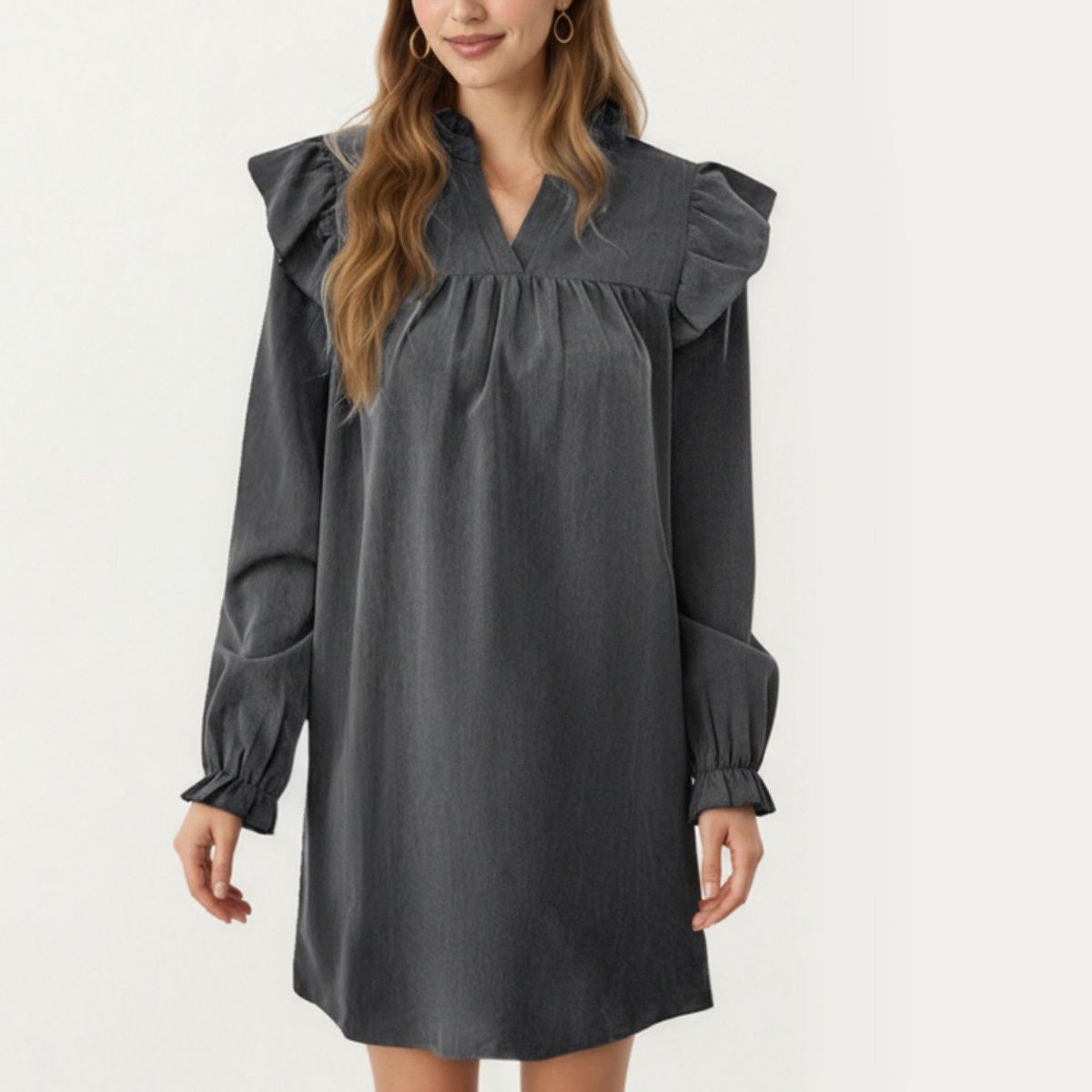 Anna-Kaci Women's Long Sleeve Ruffle Shoulder Mini Dress with V-Neckline and Gathered Detail