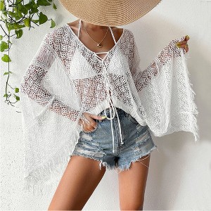 Women Swimsuit Crochet Cover Up Summer Swim Bathing Suit Swimwear Mesh Knit Tassel Pool Beach Vacation - 1 of 4