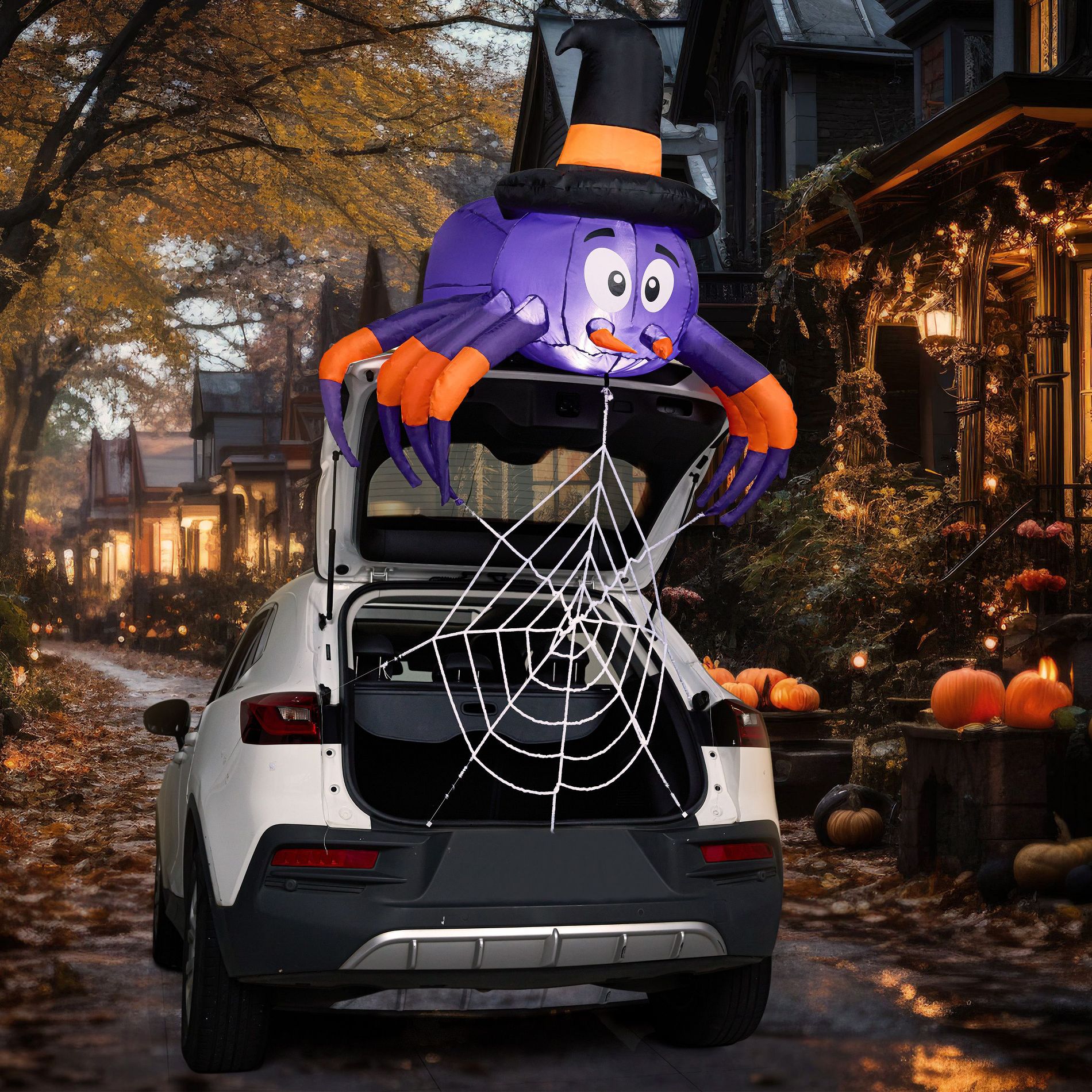 Joyfy 5 FT Long Halloween Inflatable Outdoor Decoration, Inflatable Spider with Spider Web Trunk or Treat Car Decorations for Car Outdoor Yard Decor