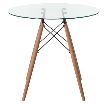 Fabulaxe Round Clear Glass Top Accent Dining Table with 4 Beech Solid Wood Legs | Modern Space Saving Small Leisure Circle Desk