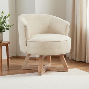 Linen Swivel Lounge Chair with Wood Cross Base and Curved Back - 1 of 4