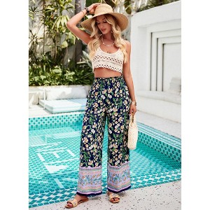 Women Summer Boho Palazzo Pants High Waist Wide Leg Floral Casual Lounge Trousers with Pockets - 1 of 4