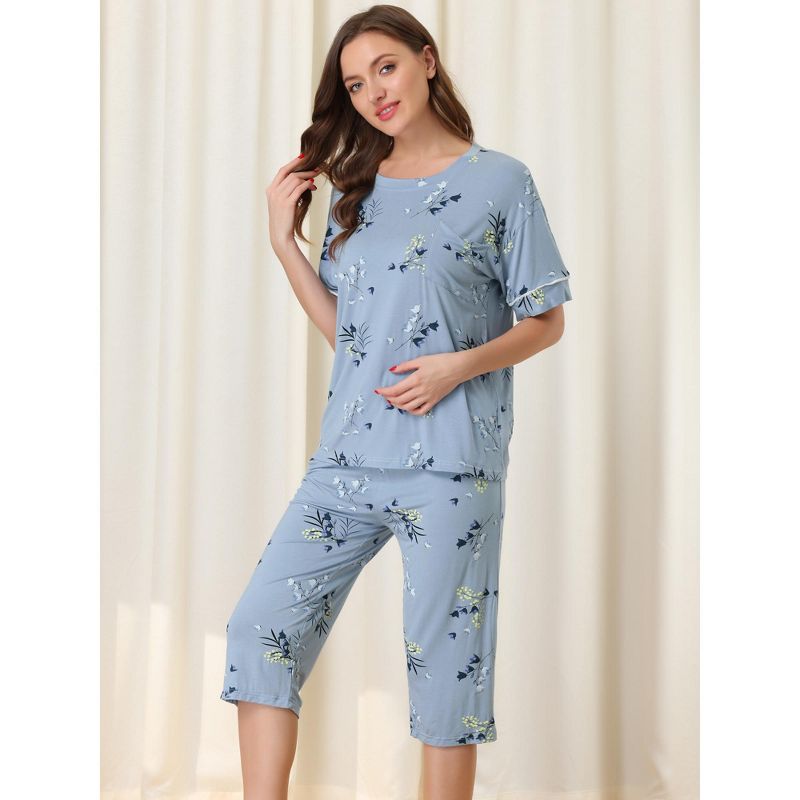 cheibear Womens Capri and Short Sleeve Shirt Floral Lounge Set Nightwear Soft Sleepwear Pajama Sets, 2 of 6