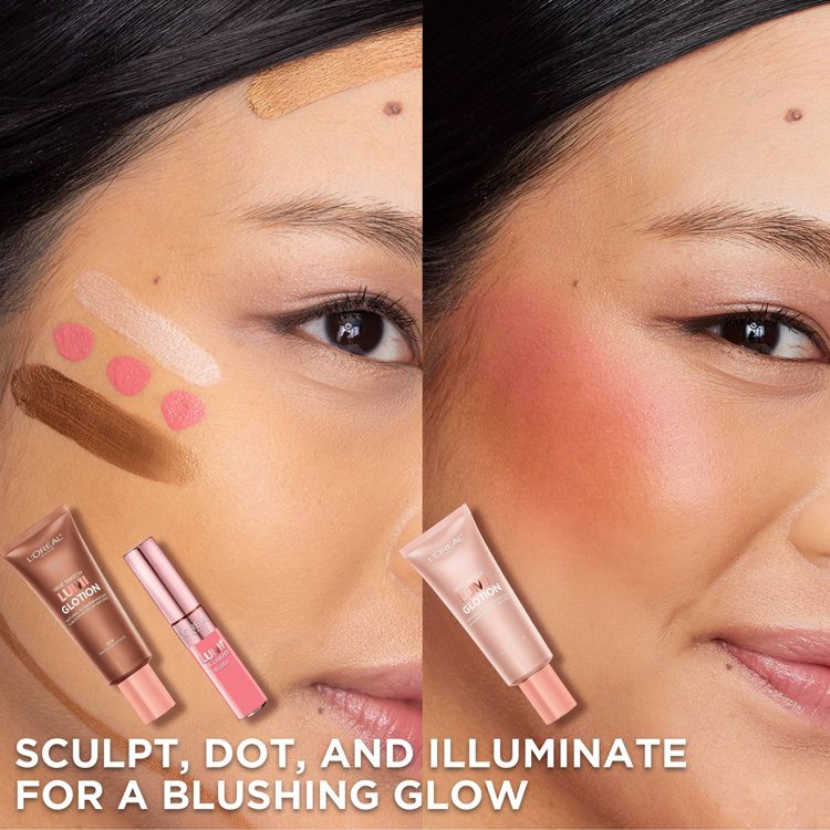 Two side-by-side images showing a face with makeup swatches including brown, pink, and white colored highlighter on the left, and a blushing glow effect on the right, with text "SCULPT, DOT, AND ILLUMINATE FOR A BLUSHING GLOW."