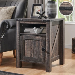 SinCiDo 18"Farmhouse Charging End Table, Wood Rustic Nightstand with Adjustable Storage Shelf, Sofa Side Table for Bedroom - 1 of 4