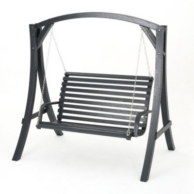 Wood Porch Gray Swing Loveseat with Stand and Chains, Weather-Resistant Grey Finish, Outdoor Swing for Patio, Garden or Backyard-Maison Boucle