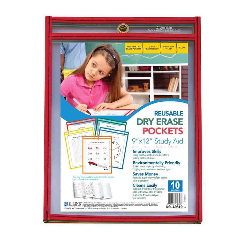 C-Line® Reusable Dry Erase Pockets, Primary Colors, 9 x 12, Pack of 10, 2 of 5