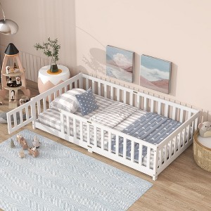 Sapphtopaz Kids Bed Frame, Rubber Wood Floor Bed with Safety Guardrails for Toddlers & Kids' Bedrooms (Twin/Full Size) - 1 of 4