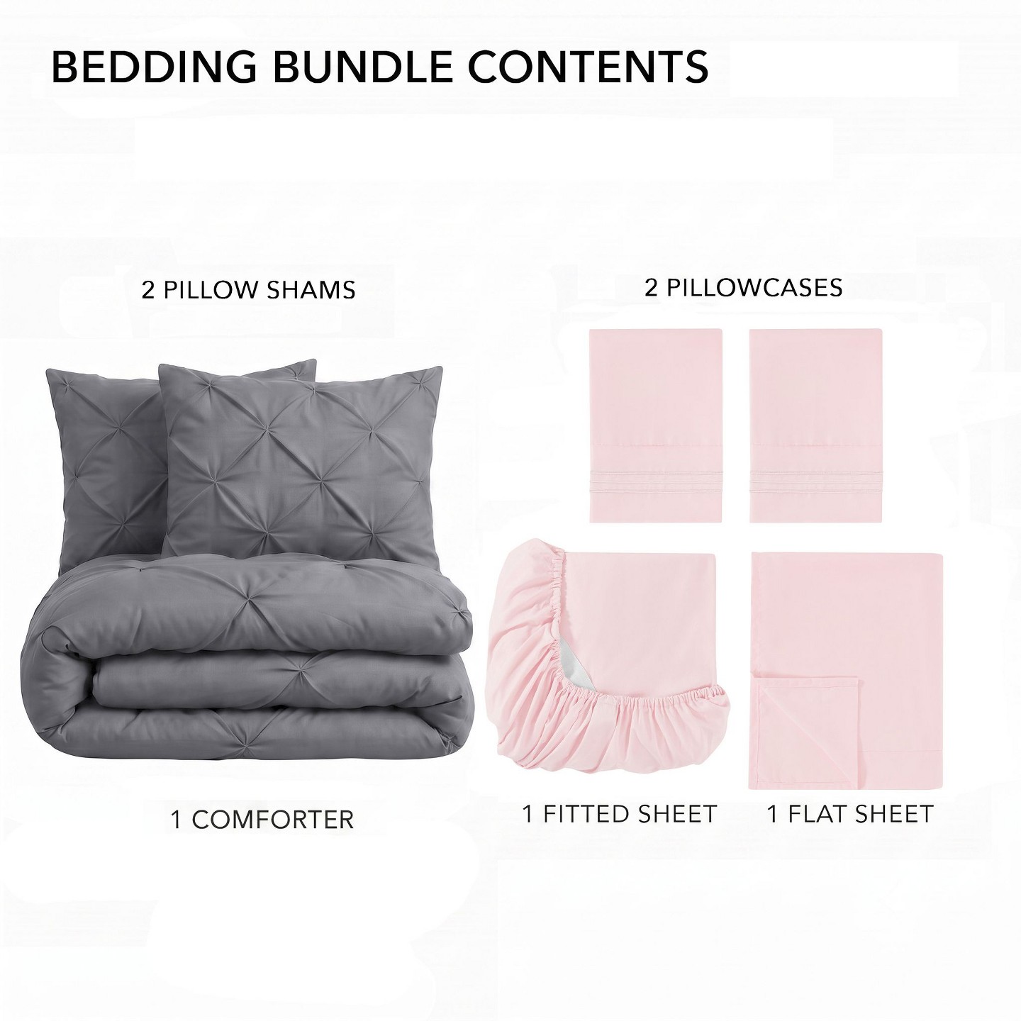 Постельное бельё Sweet Home Collections 7PC Queen Pinch Pleat Decorative Pintuck All Season Bedding Set, Gray/Pale Pink, цвет: Серый — фото 2