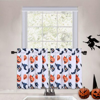 Halloween Pumpkin Cafe Curtains, Window Tier Half Panels, Rod Pocket, Set of 2 for Kitchen/Bathroom/Living Room, Orange, 27 x 24 in Each