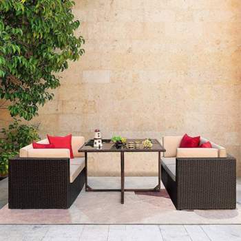 5pc Outdoor Conversation Set with Wicker Sectional Sofa & Tempered Glass Table - Devoko
