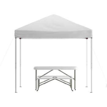 Flash Furniture 8'x8' Pop Up Event Canopy Tent with Carry Bag and Folding Bench Set - Portable Tailgate, Camping, Event Set