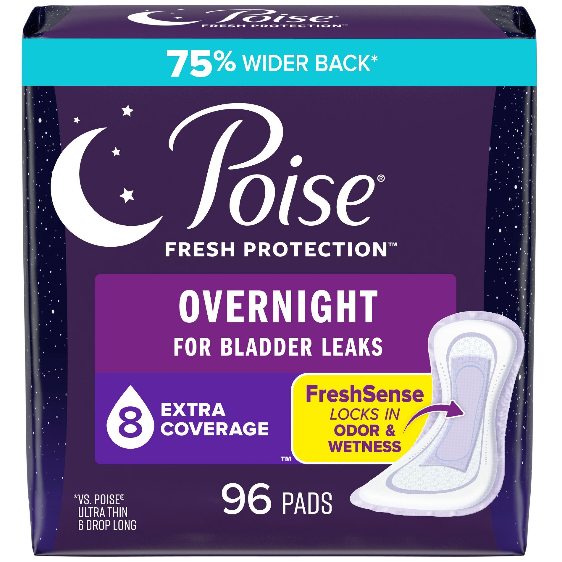 Poise Incontinence Bladder Control & Postpartum Pads for Women - Extra Coverage - Overnight Absorbency (8 Drop)