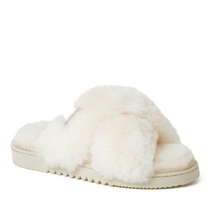 Fireside By Dearfoams Women's New Castle Genuine Shearling Cross Band Fuzzy Slide Slipper - 1 of 4