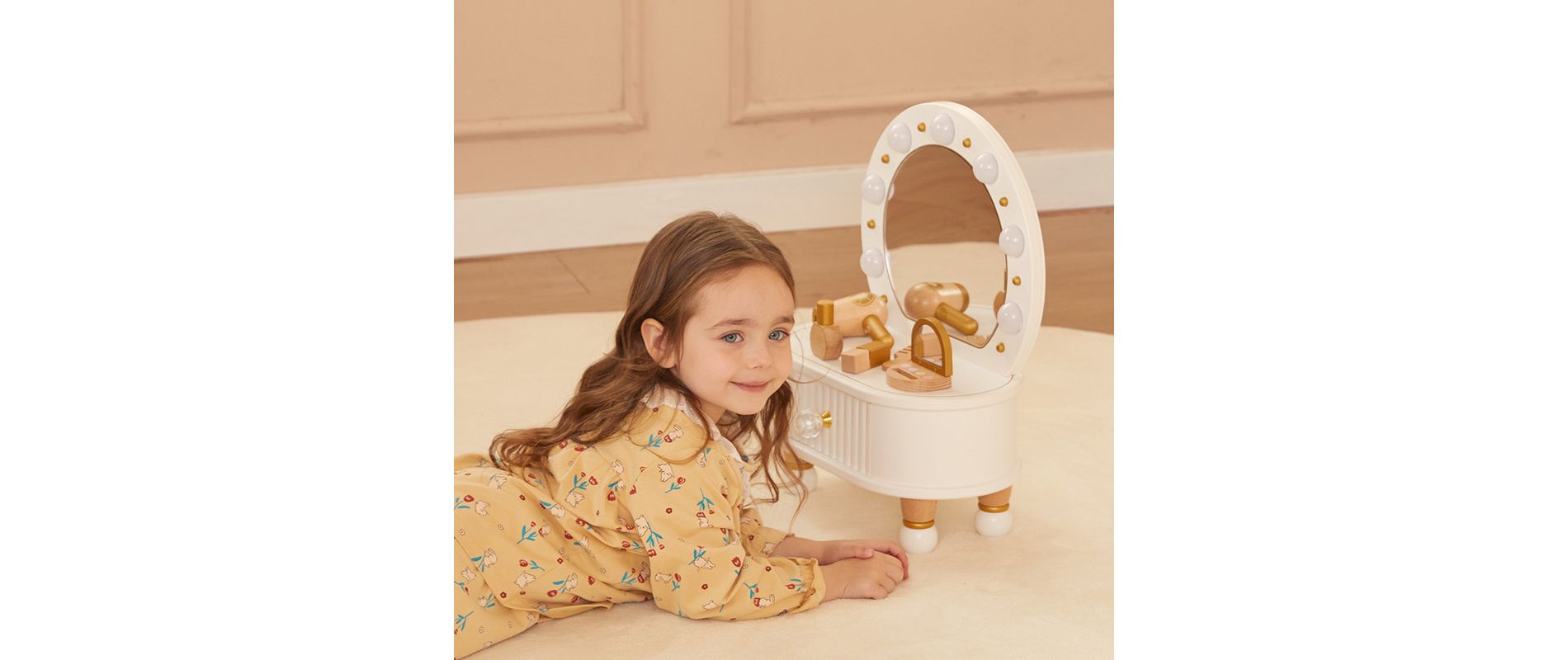 Freniland™ - Wooden Toddler Vanity Set with Mirror and Light | Pretend Play Beauty Table with Accessories | Makeup Toy for Girls Ages 3+