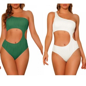 INSPIRE CHIC Women's One Shoulder Asymmetric Waist Cutout Ribbed Swimwear Monokini 1 Piece 2 Sets - 1 of 4
