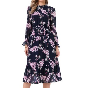 long sleeve flowy floral dress Floral Frill Trim Sleeve Plunge Maxi Dress main image 1