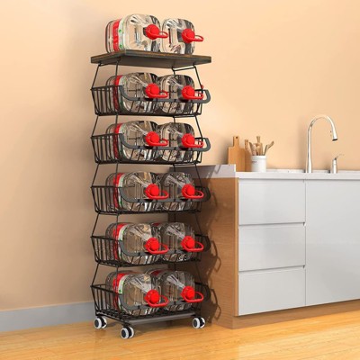 FONTOI 6-Tier Fruit Basket Rack, Stackable Wire Basket Cart with Wood Top, Vegetable Storage&Organization for Kitchen, Black, 12"*45.5"*12.56"