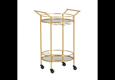 Ohsuaniy Bar Cart Gold, Round Circle Wine Cart 2 Mirror Shelves, Modern Rolling Gold Glass Drink Cart on Wheels, 2-Tier Deluxe Serving Cart for