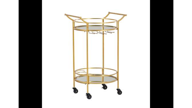 Round Metal Frame 2 Mirrored Glass Shelves 3 Glass and 3 Bottle Holders Locking Wheels Bar Cart Gold - Linon, 2 of 11, play video