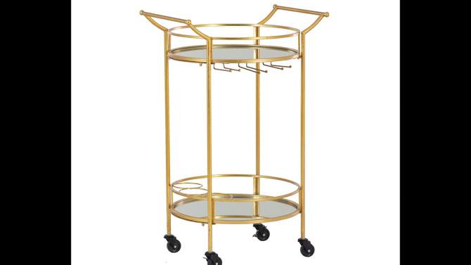 Round Metal Frame 2 Mirrored Glass Shelves 3 Glass and 3 Bottle Holders Locking Wheels Bar Cart Gold - Linon, 2 of 11, play video
