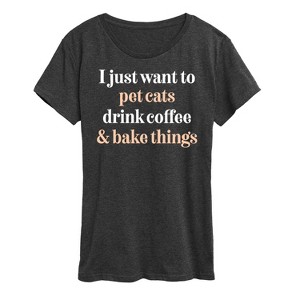 Women's - Instant Message - Pet Cats Drink Coffee Bake Short Sleeve Graphic T-Shirt - 1 of 4