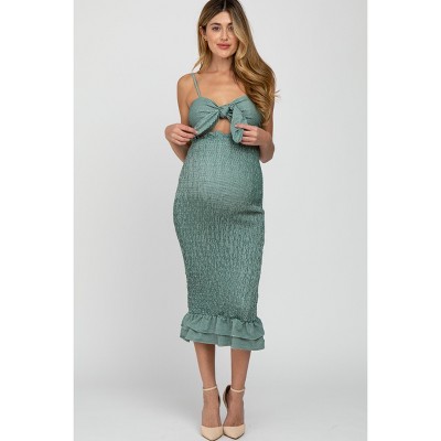 PinkBlush Green Gingham Print Smocked Fitted Self-Tie Maternity Midi Dress