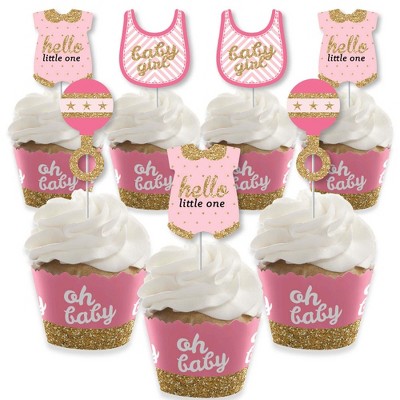 Big Dot of Happiness Hello Little One - Pink and Gold - Cupcake Decoration - Girl Baby Shower Cupcake Wrappers and Treat Picks Kit - Set of 24