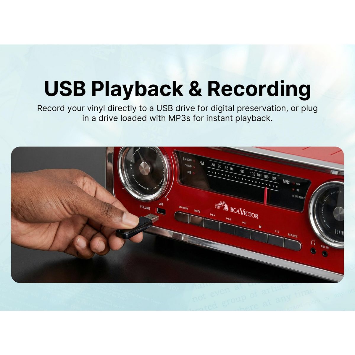 Victor RHRP-3000 Woodward 7-in-1 Turntable Music Center with AudioStream, 3-Speed Vinyl Player, Bluetooth In/Out, FM Radio, USB Recording & Playback - thumbnail 9