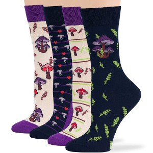 Women Viscose Bamboo Patterned Dress Socks - 4 Pack L/M Black, Brown, Blue, Beige - Bird, Mushroom, Heart | 7BIGSTARS KINGDOM - 1 of 4
